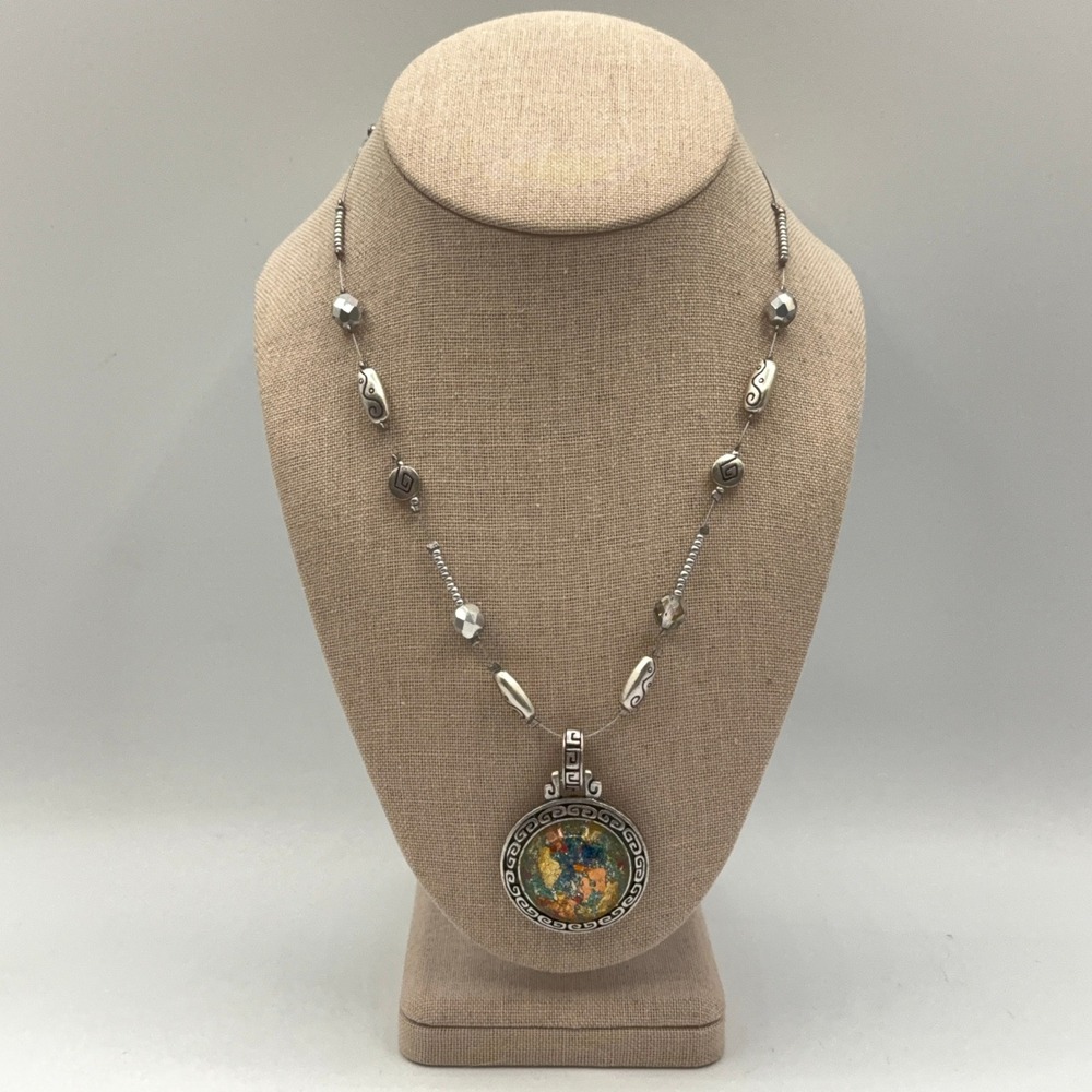 Chico's Pendant Necklace Silver Tone Multicolor Mosaic Foil Earthy Boho Artsy - Picture 2 of 13